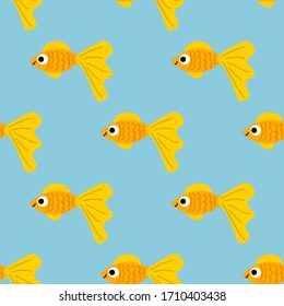 Cute colorful cartoon gold fish in flat style seamless pattern. Tropical ocean life. Animal wrapping paper.  Vector illustration. 