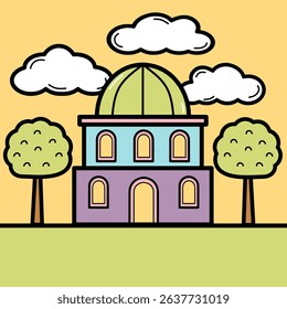 Cute Colorful Cartoon Hand Drawn Mosque Illustration with Beautiful View with Trees and Yellow Sunlight