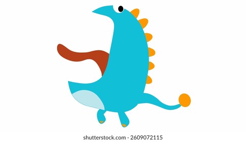 Cute and colorful cartoon illustration of a friendly blue dinosaur with orange spikes and a long tongue