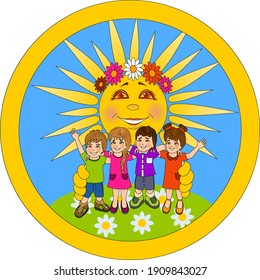 Cute colorful cartoon illustration of happy children and the sun that hugs them. Happy Friendship Day, Happy Children's Day, background poster with young children. Best friends forever.