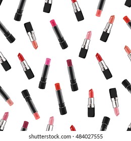 Cute colorful cartoon lipstick seamless vector pattern background vector illustration. Hand-drawn sketch cosmetics. Useful for invitations, scrap booking, design.Template Vector