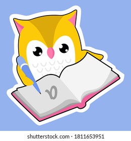 Cute colorful cartoon little owl writing in the notebook flat vector illustration. Kindergarden and school learner original character. 
learning process, 
educational games concept.