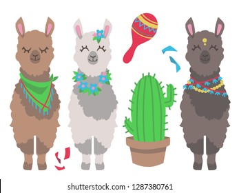 Cute colorful cartoon llama or alpaca with cactus and mexican rumba shaker graphic design vector illustration set 