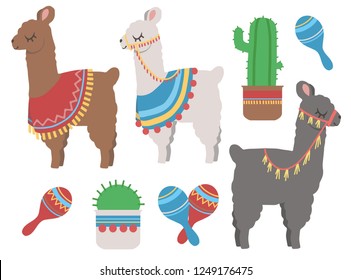 Cute colorful cartoon llama with cactus and mexican rumba shaker graphic design illustration set 