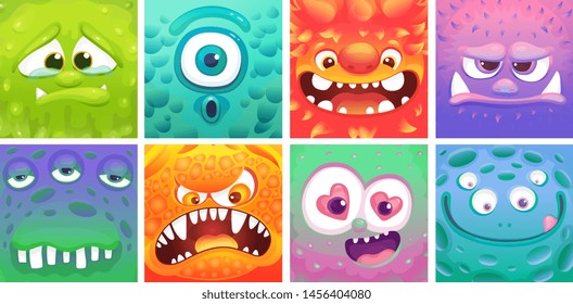 Cute colorful cartoon monster set - different facial expressions of alien animals. Sad, surprised, happy, angry creatures with funny faces, square vector illustration collection