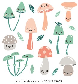 Cute colorful cartoon mushrooms with faces and leaves. Set of funny forest mushroom characters. Emoticon, emoji set vector collection