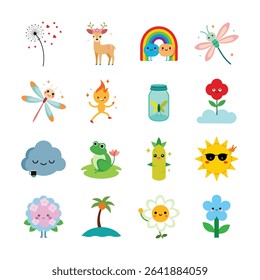 Cute and Colorful Cartoon Nature Icons Whimsical Vector Art Collection Fun and Playful Design