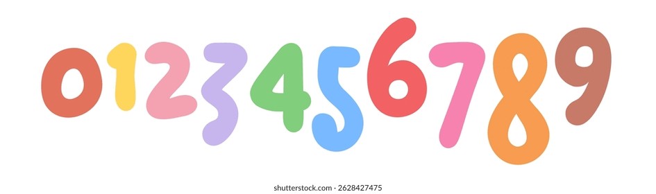 Cute Colorful Cartoon Numbers for Kids, Rounded Bold Typeface Perfeito para Aprendizagem, Educação, Cartazes ou Jogos. Conjunto de fontes divertido brilhante. Projeto de tipografia de verão. Dígitos vetoriais