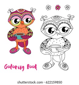 Cute colorful cartoon owl with blue cup on white background. Funny vector illustration of bird in cartoon style, linear drawing. Black and white, colorful images, be used for coloring book.
