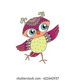 Cute colorful cartoon owl is dancing. Funny vector illustration on white background. Can be used like sticker or for birthday cards and invitations