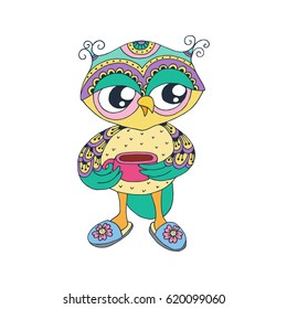 Cute colorful cartoon owl with pink cup on white background. Can be used like sticker or for birthday cards and invitations