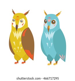 Cute Colorful Cartoon Owl Set Isolated on White Background. Vector illustration of Two Cutes Owls Mascot, Blue and Yellow Birds