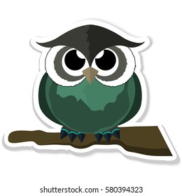 Cute colorful cartoon owl sitting on tree branch on white background. Can be used like sticker or for birthday cards and party invitations