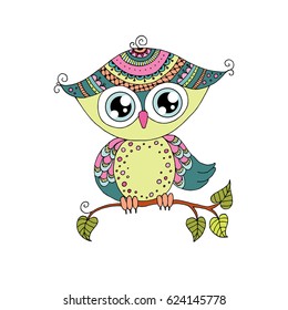 Cute colorful cartoon owl sitting on tree branch on white background. Can be used like sticker or for birthday cards and party invitations