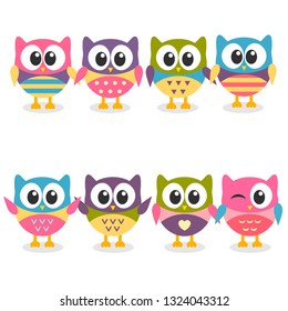 Cute colorful cartoon owls collection