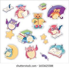 Cute Colorful Cartoon Owls Set Stickers Flat Vector Illustration. Charcter Reading Book, Sitting on Moon, Writing in Notebook, Wearing Sleeping Mask with Pillow, Flying with Star and Holding Umbrella.