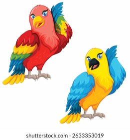 Cute Colorful Cartoon Parrots Vector Illustration Set