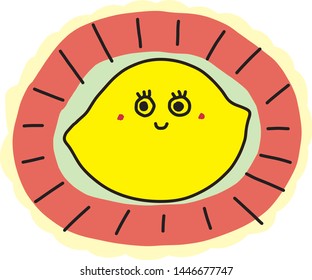 cute colorful cartoon picture of bright yellow smiling lemon logo surrounded by pink and light yellow ray. on white background.