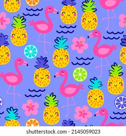 Cuidada y colorida caricatura de piña, flamingo, hibisco y cítricos patrón sin fisuras para el fondo de las vacaciones de verano.