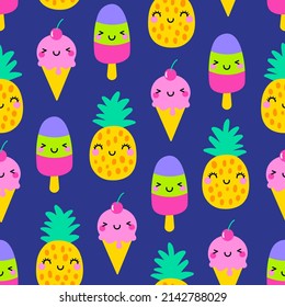 Cute colorful cartoon pineapple, ice cream and popsicle seamless pattern background.