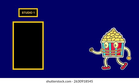 Cute colorful cartoon popcorn bag character lively expressive. Cartoon popcorn walking to cinema