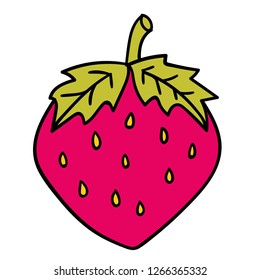 Cute colorful cartoon red strawberry with green leaves and yellow seeds isolated on white background. Vector illustration. 