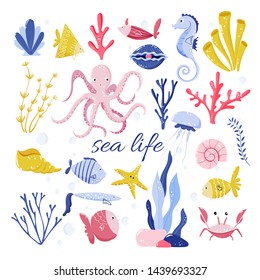 Cute colorful cartoon sea animals, creatures, crab, fishes, jellyfish, starfish, plants, shells, seahorse, octopus. Vector marine elements for children design 