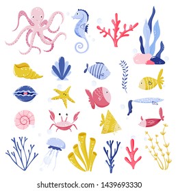 Cute colorful cartoon sea animals, creatures, crab, fishes, jellyfish, starfish, plants, shells, seahorse, octopus. Vector marine elements for children design 