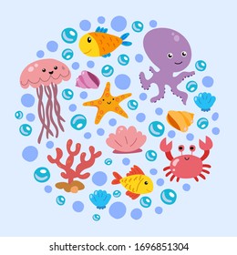 Cute colorful cartoon sea animals in circle for baby designs, kids invitations and summer greeting cards EPS