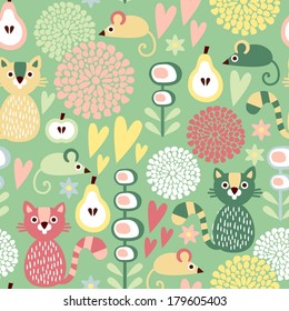 Cute colorful cartoon seamless floral vector pattern with animals cat and mouse
