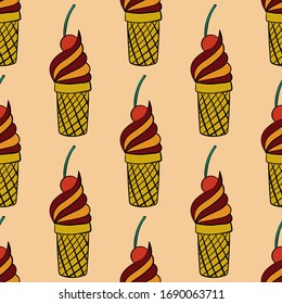 Cute colorful cartoon seamless pattern with doodle ice cream with cherry in the waffle cup. Vector illustration.  