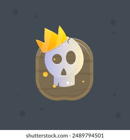 Cute Colorful Cartoon Skull With Crown And Wood Board Game UI Badge Icon Isolated Vector Design