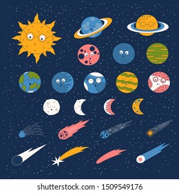 Cute colorful cartoon smiley earth, moon, sun and other planets, asteroids and meteor. Collection with comets and halfmoon baby decorations.