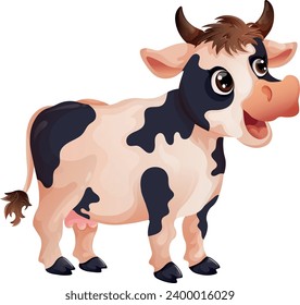 Cute colorful cartoon smiling cow for children that stands sideways on a white background 