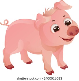 Cute colorful cartoon smiling pig for children that stands sideways on a white background 