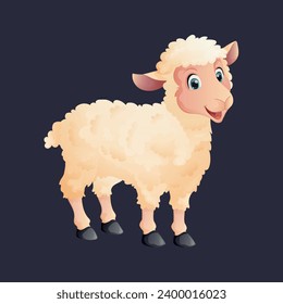 Cute colorful cartoon smiling sheep for children that stands sideways on a grey background 