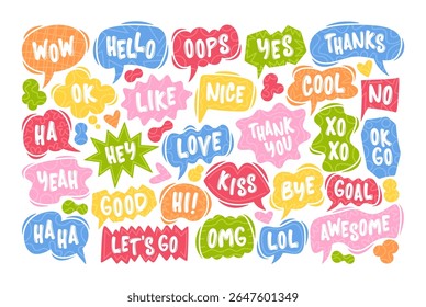 Cute colorful cartoon speech bubbles with romantic, comic text and exclamation phrases for message