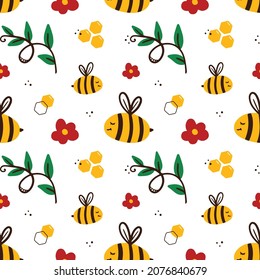 Cute and colorful cartoon style bees, honey combs, green branches and flowers vector seamless pattern background for spring and summer design.