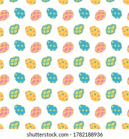 Cute colorful cartoon style easter eggs with ornaments seamless pattern background.