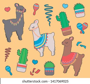 Cute colorful cartoon style Llamas or Alpacas with poncho with cactus and mexican rumba shaker illustration set 