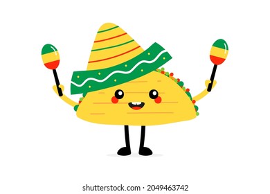 Cute colorful cartoon style taco character in sombrero holding pair of maracas in hands. Cinco de mayo celebration icon, illustration.
