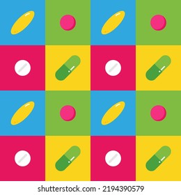 Cute colorful cartoon style vector seamless pattern background with  food supplements, pills, medications.