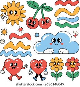 Cute and colorful cartoon suns, flowers, fruits, and clouds in a retro, groovy style. Perfect for kids' designs and fun projects. Generative AI