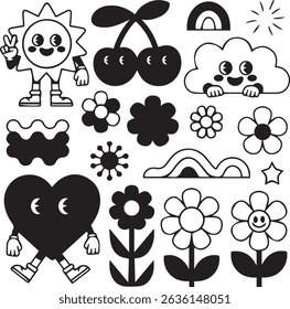 Cute and colorful cartoon suns, flowers, fruits, and clouds in a retro, groovy style. Perfect for kids' designs and fun projects. Generative AI