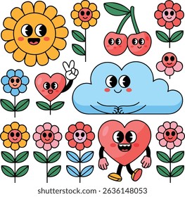 Cute and colorful cartoon suns, flowers, fruits, and clouds in a retro, groovy style. Perfect for kids' designs and fun projects. Generative AI