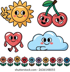 Cute and colorful cartoon suns, flowers, fruits, and clouds in a retro, groovy style. Perfect for kids' designs and fun projects. Generative AI