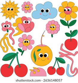 Cute and colorful cartoon suns, flowers, fruits, and clouds in a retro, groovy style. Perfect for kids' designs and fun projects. Generative AI