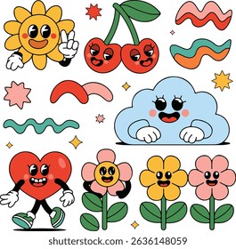 Cute and colorful cartoon suns, flowers, fruits, and clouds in a retro, groovy style. Perfect for kids' designs and fun projects. Generative AI