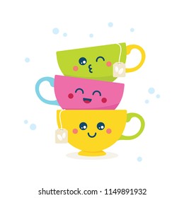 Cute colorful cartoon tea cups with funny faces vector illustration