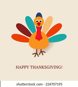 Cute colorful cartoon of turkey bird for Happy Thanksgiving celebration. Vector illustration. Can be use as greetings card, flyer, poster or banner.